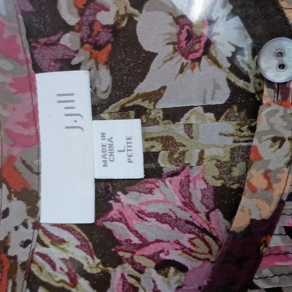 J. Jill Brown Rayon Colorful Floral Portrait Neckline Button Up Blouse Lg Petite - Picture 2 of 9